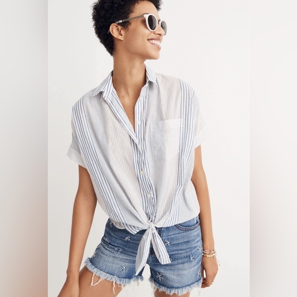MADEWELL Short-Sleeve Tie-Front Shirt in Rawley Stripe Small A46